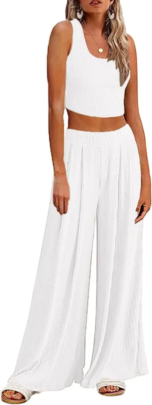 Ekouaer Women's Pajamas 2 Piece Lounge Set Ribbed Knit Loungewear Sleeveless Tank Top Wide Leg Pants