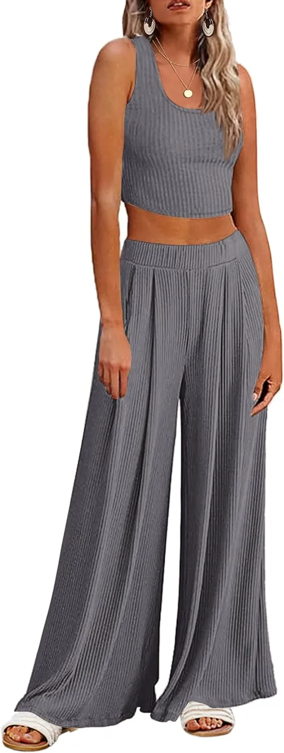 Ekouaer Women's Pajamas 2 Piece Lounge Set Ribbed Knit Loungewear Sleeveless Tank Top Wide Leg Pants
