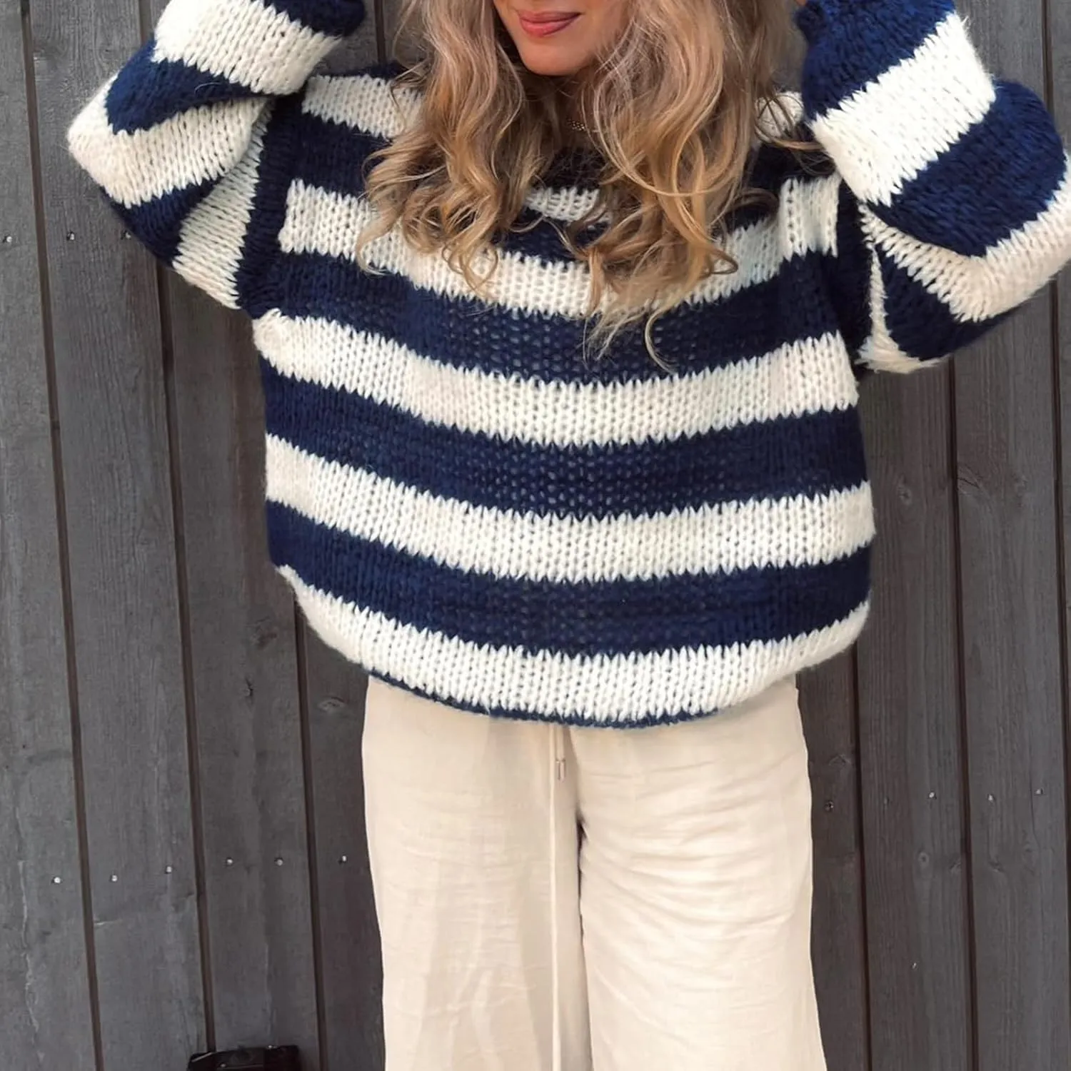 FOMOYUU Oversized Striped Sweater Women Color Block Round Neck Long Sleeve Sweatshirt Loose Pullover Y2K Preppy Jumper
