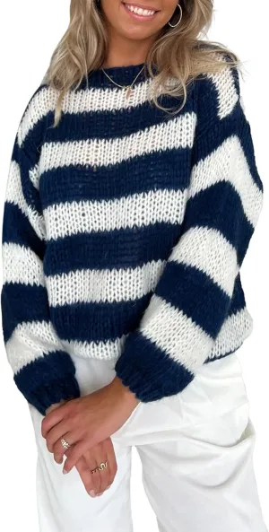 FOMOYUU Oversized Striped Sweater Women Color Block Round Neck Long Sleeve Sweatshirt Loose Pullover Y2K Preppy Jumper