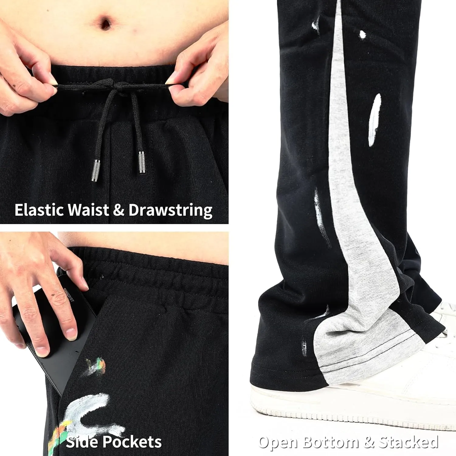 GINGTTO Mens Sweatpants Open Bottom Patchwork Stacked Paint Track Pants