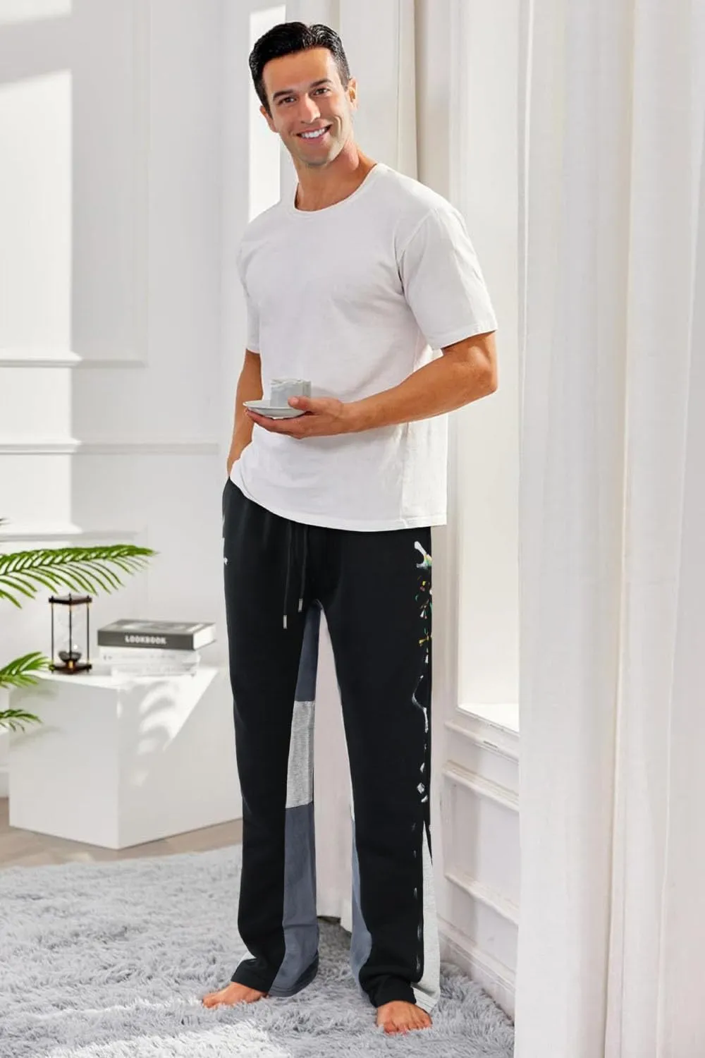 GINGTTO Mens Sweatpants Open Bottom Patchwork Stacked Paint Track Pants