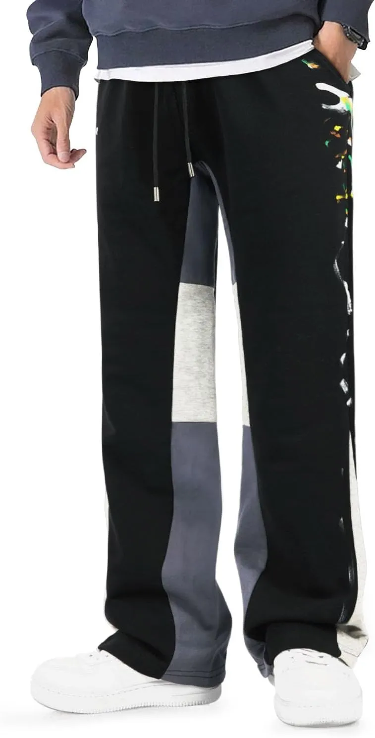 GINGTTO Mens Sweatpants Open Bottom Patchwork Stacked Paint Track Pants