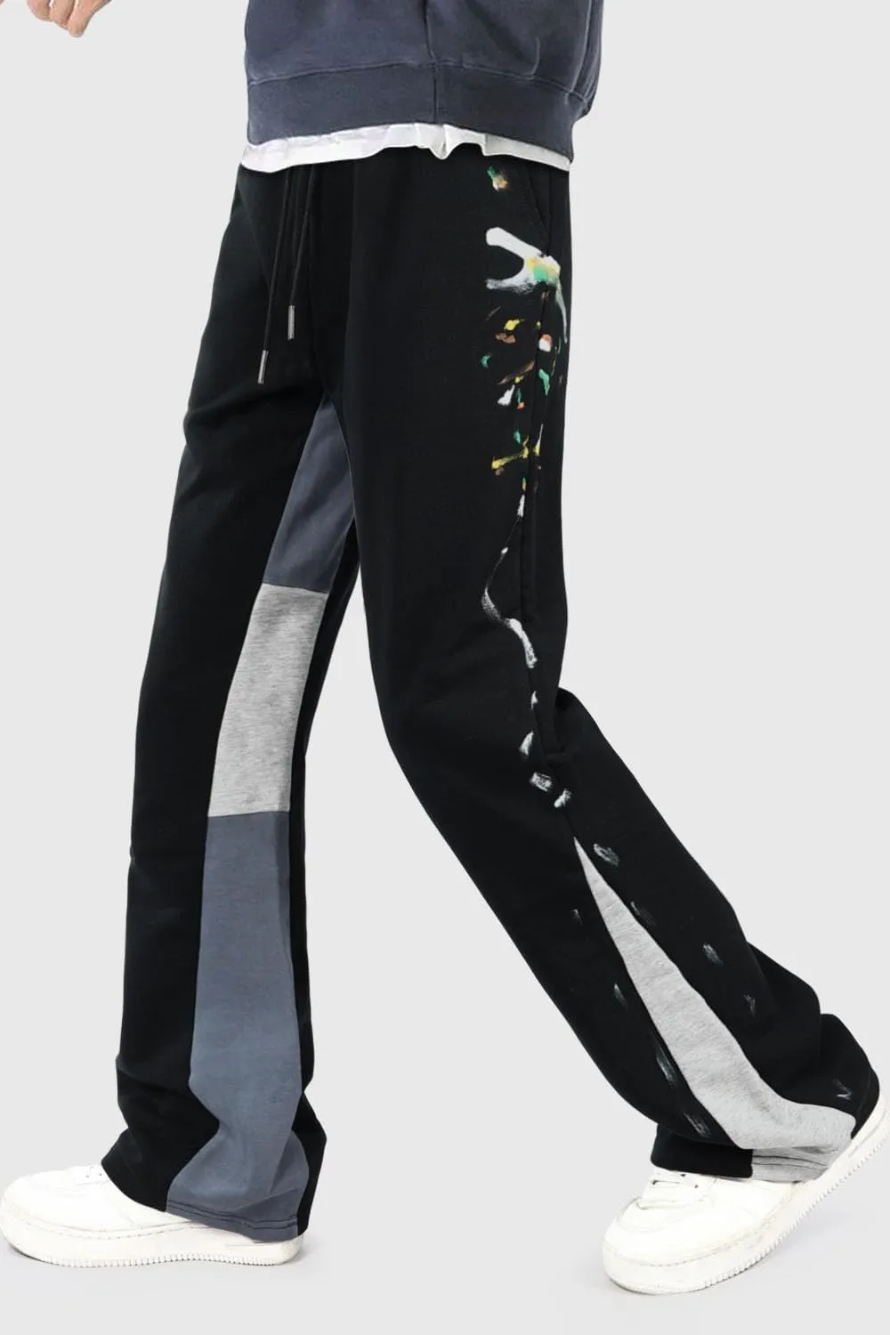 GINGTTO Mens Sweatpants Open Bottom Patchwork Stacked Paint Track Pants