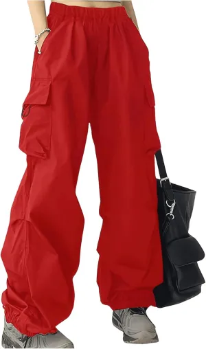 Girl's Baggy Cargo Pants Elastic Waist Wide Leg Sweatpants Casual Athletic Joggers with Pockets