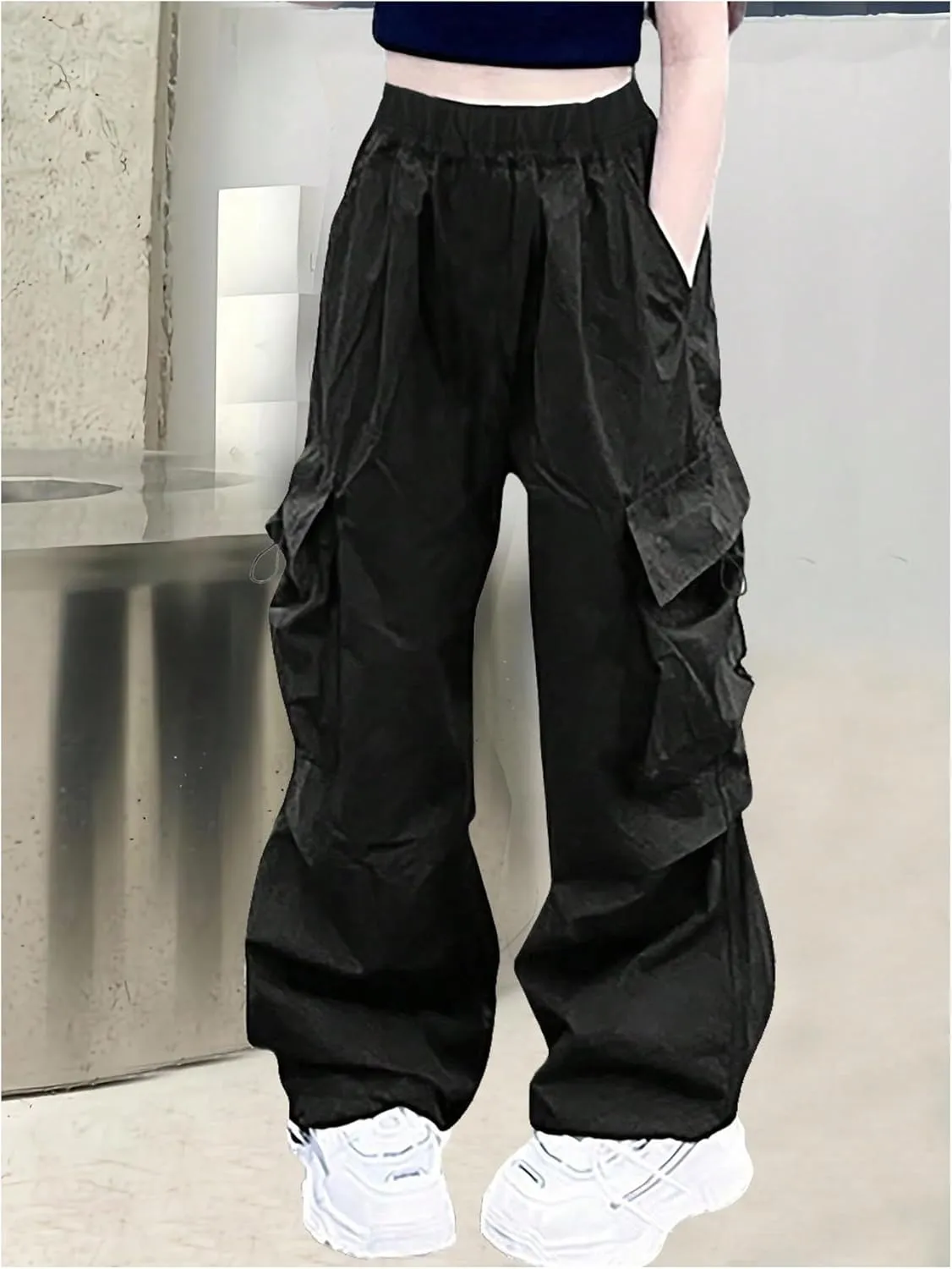 Girl's Baggy Cargo Pants Elastic Waist Wide Leg Sweatpants Casual Athletic Joggers with Pockets