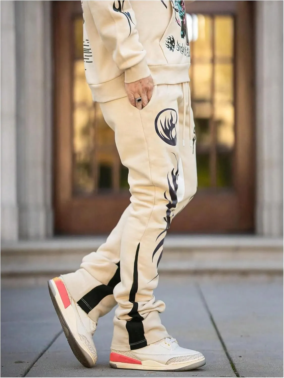 GORGLITTER Men's Camo Sweatpants Drawstring Waist Patchwork Stacked Flared Joggers