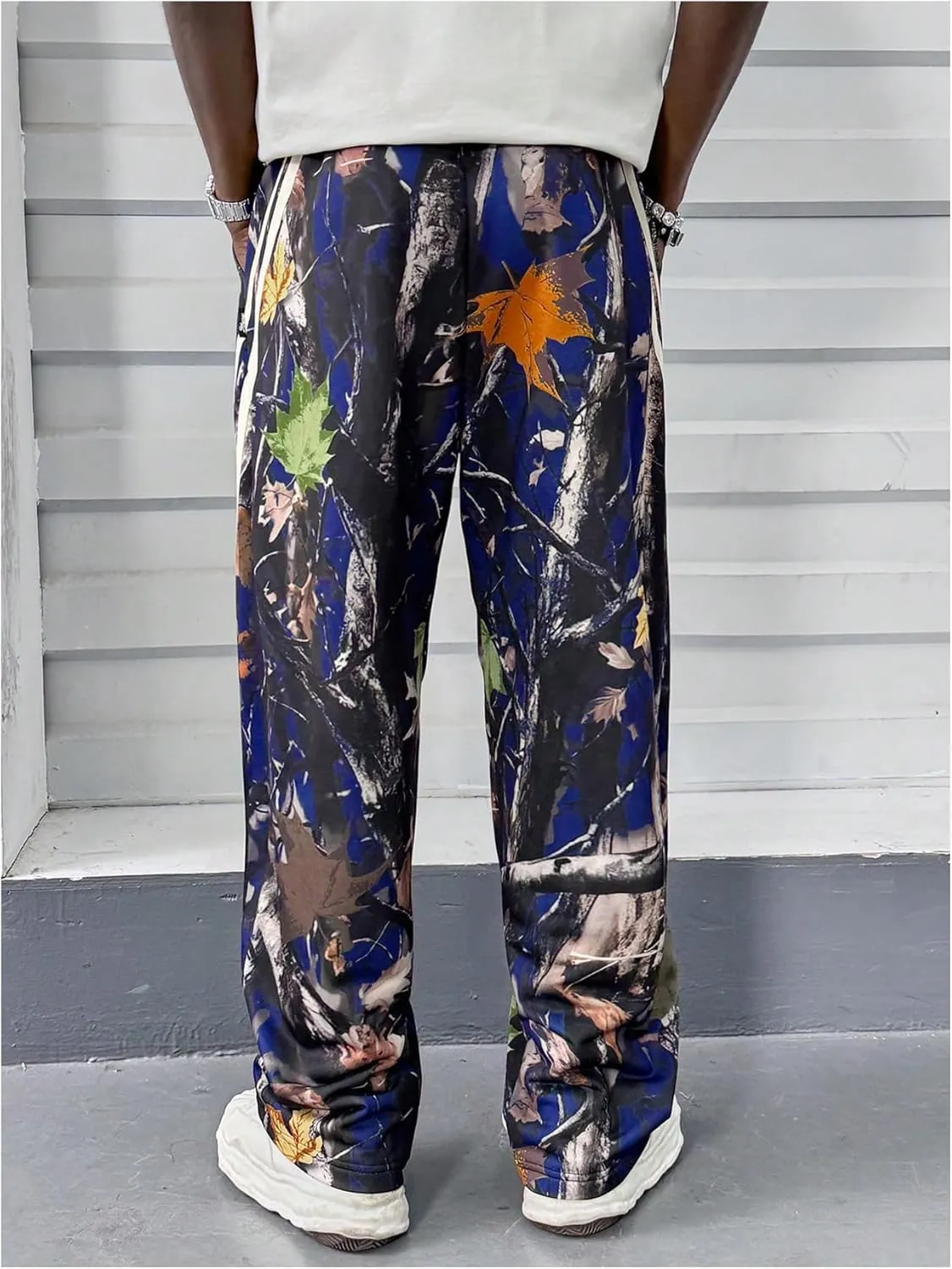 GORGLITTER Men's Camo Sweatpants Drawstring Waist Patchwork Stacked Flared Joggers