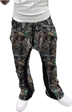 GORGLITTER Men's Camo Sweatpants Drawstring Waist Patchwork Stacked Flared Joggers