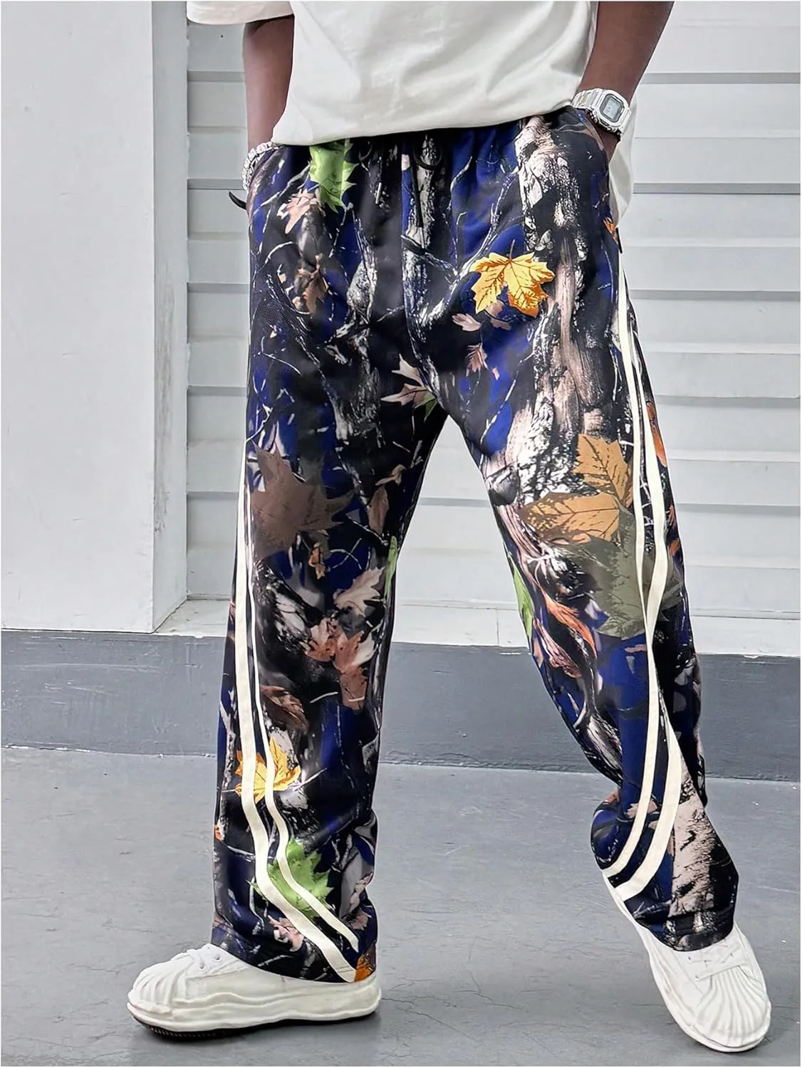 GORGLITTER Men's Camo Sweatpants Drawstring Waist Patchwork Stacked Flared Joggers