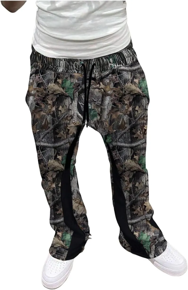 GORGLITTER Men's Camo Sweatpants Drawstring Waist Patchwork Stacked Flared Joggers