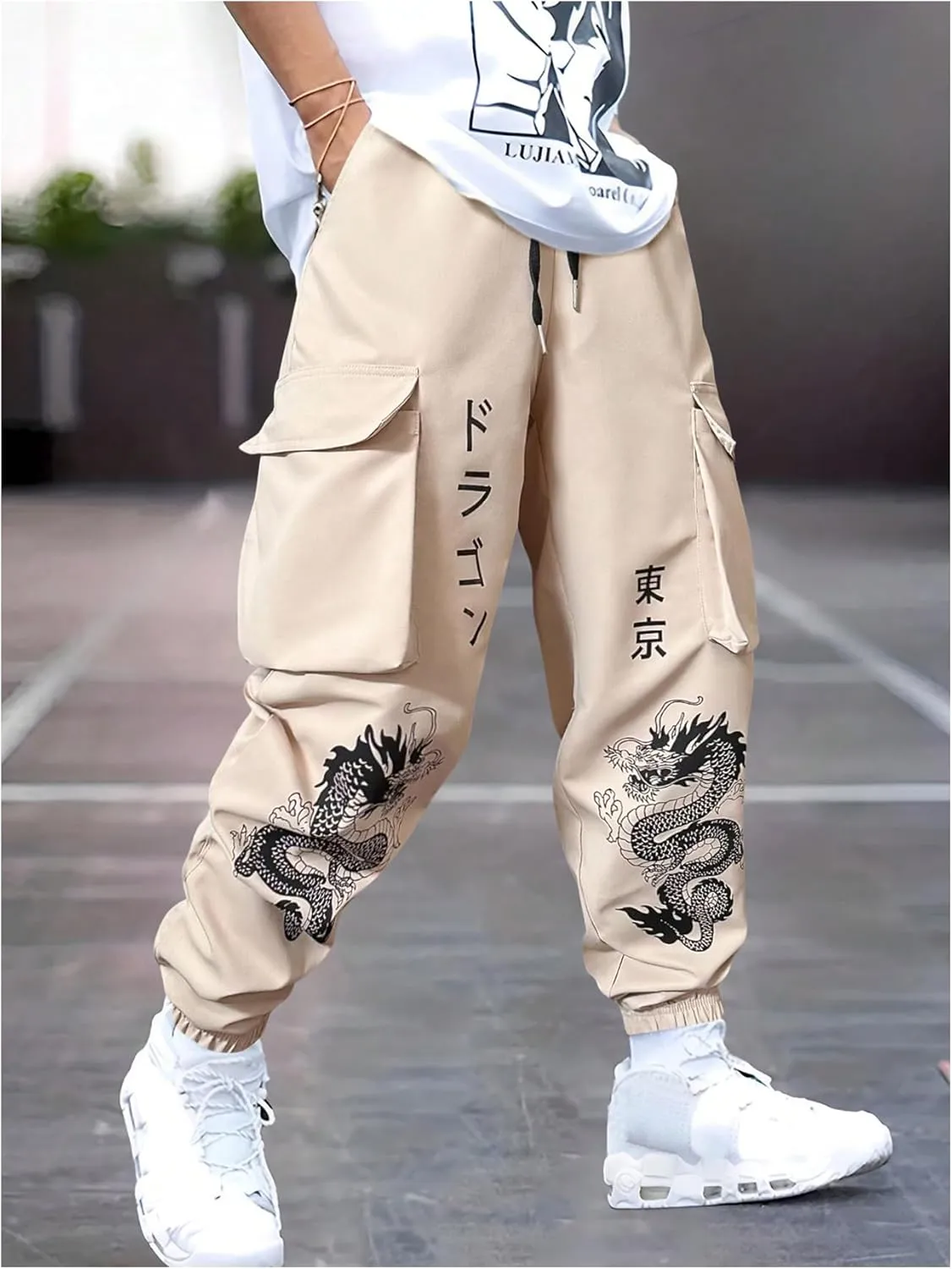 GORGLITTER Men's Japanese Pants Graphic Cargo Joggers Pants Stacked Sweatpants Y2K Streetwear