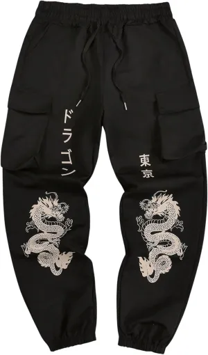 GORGLITTER Men's Japanese Pants Graphic Cargo Joggers Pants Stacked Sweatpants Y2K Streetwear