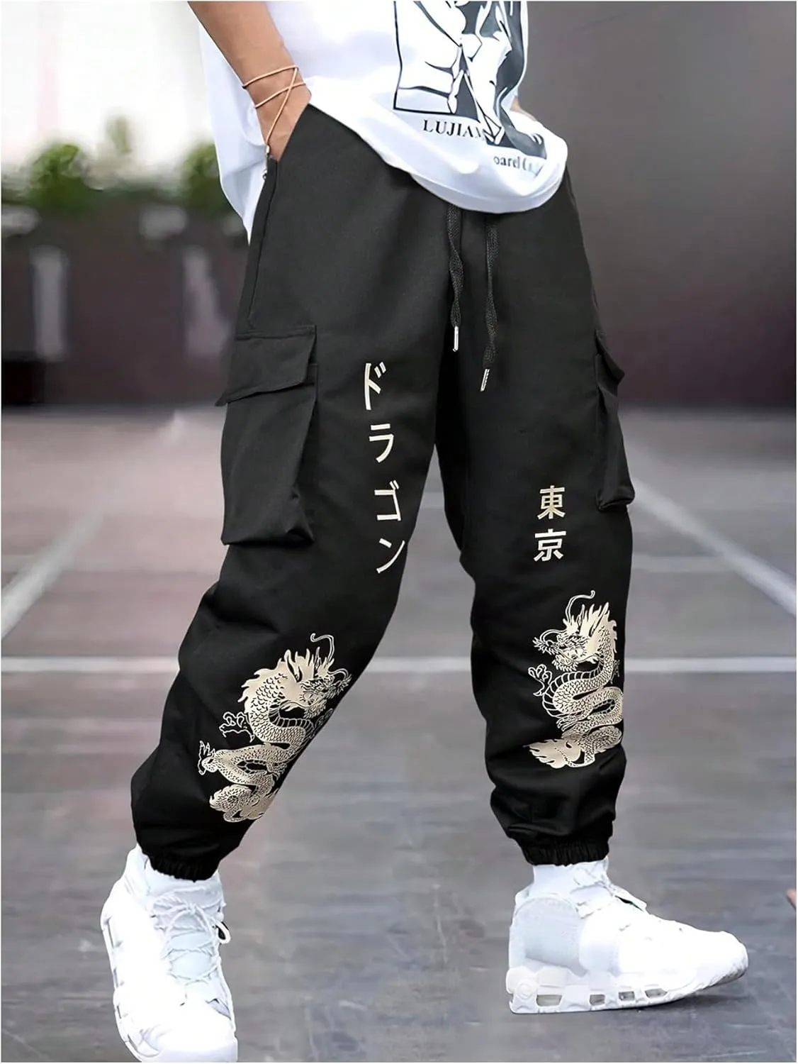 GORGLITTER Men's Japanese Pants Graphic Cargo Joggers Pants Stacked Sweatpants Y2K Streetwear