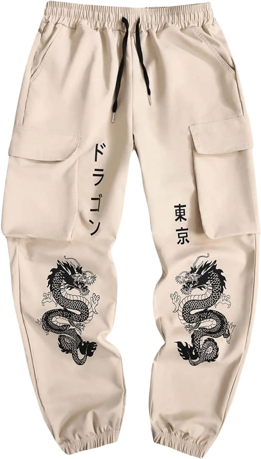 GORGLITTER Men's Japanese Pants Graphic Cargo Joggers Pants Stacked Sweatpants Y2K Streetwear