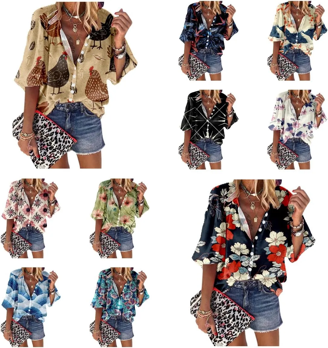 Hawaiian Shirts for Women 3/4 Length Sleeve Womens Tops Casual Loose Fitted Button Down Shirts for Women