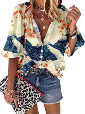 Hawaiian Shirts for Women 3/4 Length Sleeve Womens Tops Casual Loose Fitted Button Down Shirts for Women