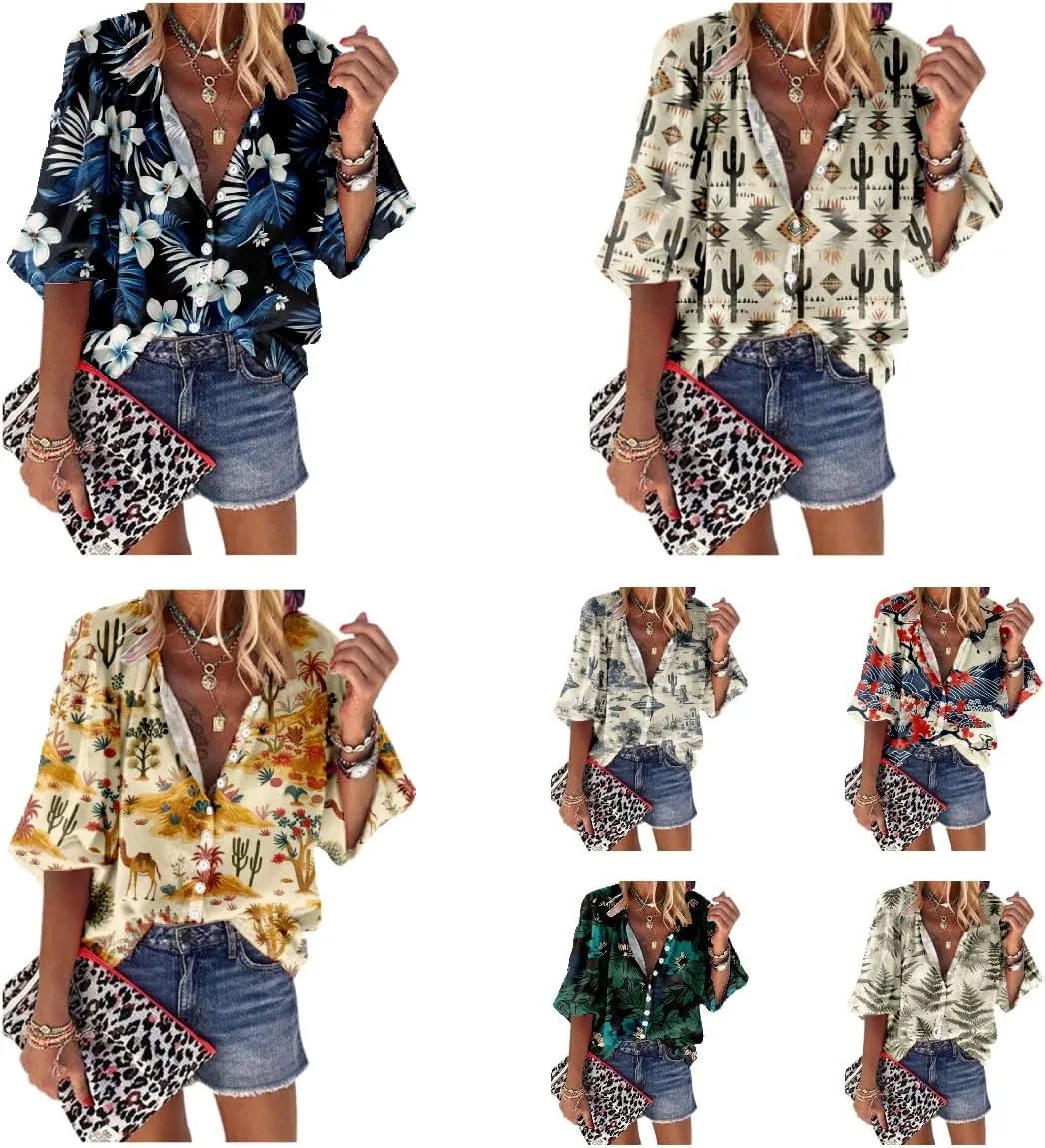 Hawaiian Shirts for Women 3/4 Length Sleeve Womens Tops Casual Loose Fitted Button Down Shirts for Women