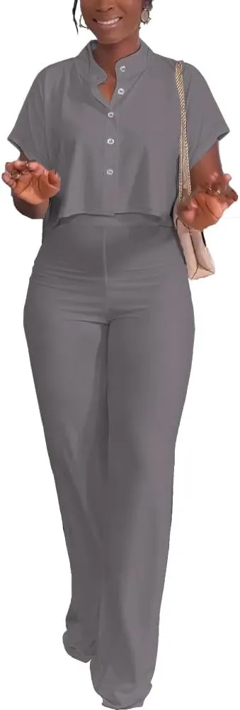 HBQ Women's Summer 2 Piece Outfits Casual Tracksuit Short Sleeve Button Down Crop Top Wide Leg Long Pant Lounge Sets