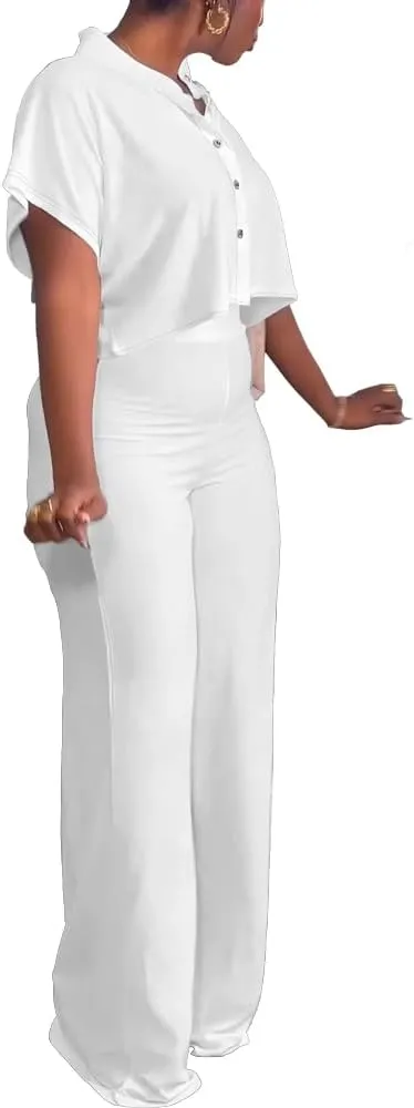 HBQ Women's Summer 2 Piece Outfits Casual Tracksuit Short Sleeve Button Down Crop Top Wide Leg Long Pant Lounge Sets