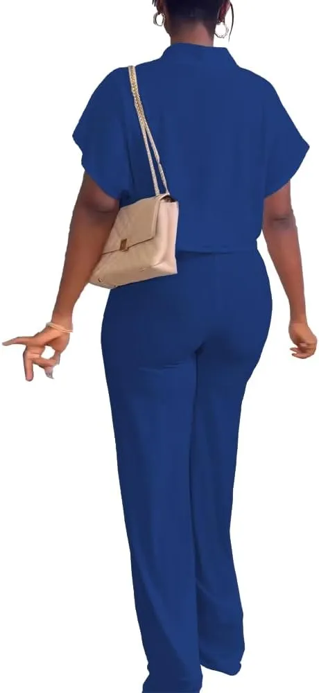 HBQ Women's Summer 2 Piece Outfits Casual Tracksuit Short Sleeve Button Down Crop Top Wide Leg Long Pant Lounge Sets
