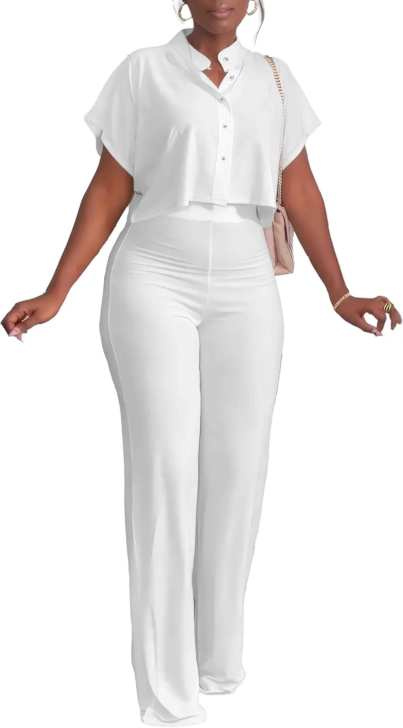 HBQ Women's Summer 2 Piece Outfits Casual Tracksuit Short Sleeve Button Down Crop Top Wide Leg Long Pant Lounge Sets