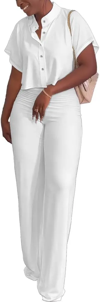 HBQ Women's Summer 2 Piece Outfits Casual Tracksuit Short Sleeve Button Down Crop Top Wide Leg Long Pant Lounge Sets