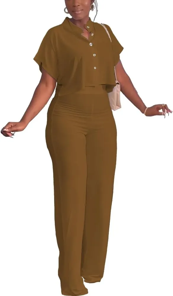 HBQ Women's Summer 2 Piece Outfits Casual Tracksuit Short Sleeve Button Down Crop Top Wide Leg Long Pant Lounge Sets