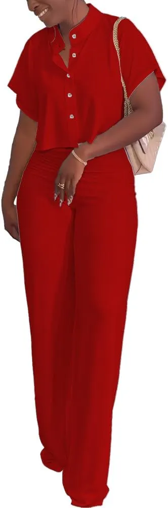 HBQ Women's Summer 2 Piece Outfits Casual Tracksuit Short Sleeve Button Down Crop Top Wide Leg Long Pant Lounge Sets