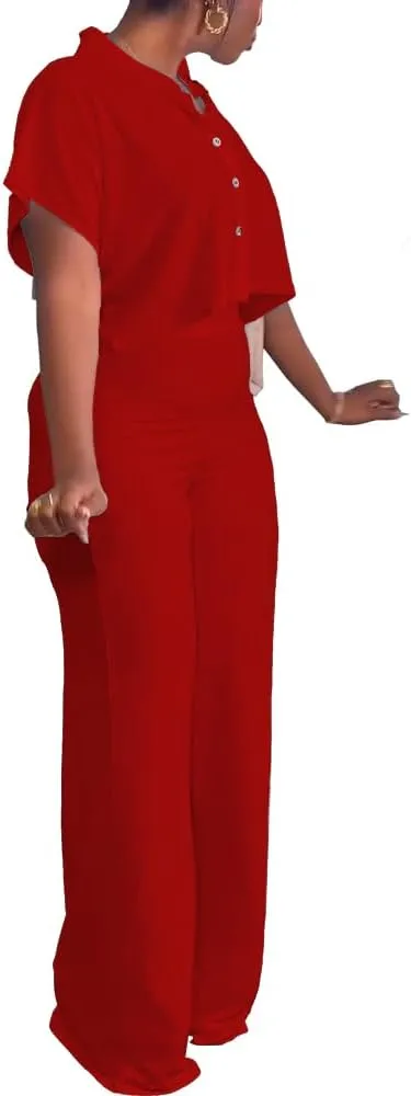 HBQ Women's Summer 2 Piece Outfits Casual Tracksuit Short Sleeve Button Down Crop Top Wide Leg Long Pant Lounge Sets