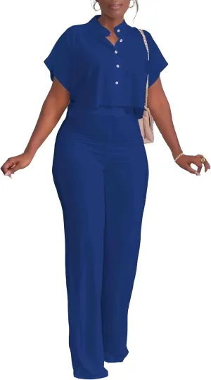 HBQ Women's Summer 2 Piece Outfits Casual Tracksuit Short Sleeve Button Down Crop Top Wide Leg Long Pant Lounge Sets