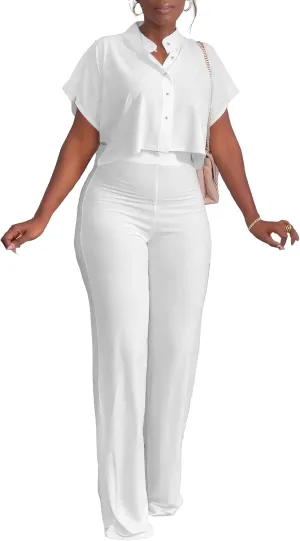 HBQ Women's Summer 2 Piece Outfits Casual Tracksuit Short Sleeve Button Down Crop Top Wide Leg Long Pant Lounge Sets