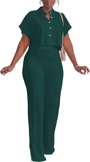 HBQ Women's Summer 2 Piece Outfits Casual Tracksuit Short Sleeve Button Down Crop Top Wide Leg Long Pant Lounge Sets