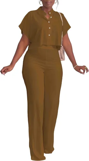 HBQ Women's Summer 2 Piece Outfits Casual Tracksuit Short Sleeve Button Down Crop Top Wide Leg Long Pant Lounge Sets
