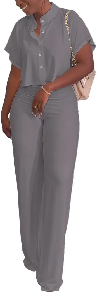 HBQ Women's Summer 2 Piece Outfits Casual Tracksuit Short Sleeve Button Down Crop Top Wide Leg Long Pant Lounge Sets