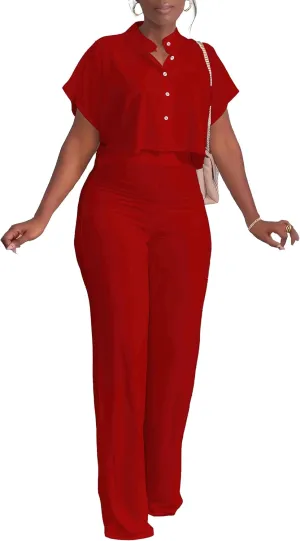 HBQ Women's Summer 2 Piece Outfits Casual Tracksuit Short Sleeve Button Down Crop Top Wide Leg Long Pant Lounge Sets