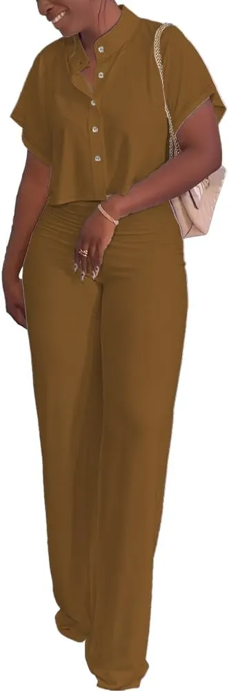 HBQ Women's Summer 2 Piece Outfits Casual Tracksuit Short Sleeve Button Down Crop Top Wide Leg Long Pant Lounge Sets