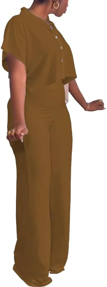 HBQ Women's Summer 2 Piece Outfits Casual Tracksuit Short Sleeve Button Down Crop Top Wide Leg Long Pant Lounge Sets