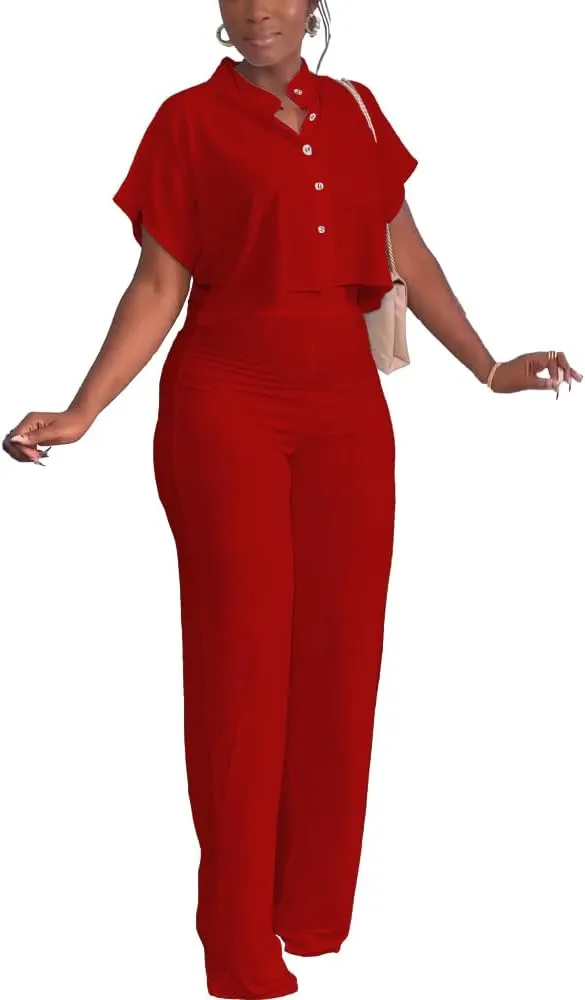 HBQ Women's Summer 2 Piece Outfits Casual Tracksuit Short Sleeve Button Down Crop Top Wide Leg Long Pant Lounge Sets