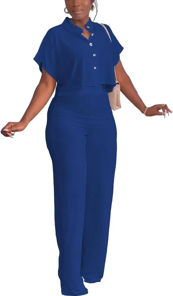 HBQ Women's Summer 2 Piece Outfits Casual Tracksuit Short Sleeve Button Down Crop Top Wide Leg Long Pant Lounge Sets