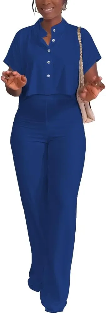 HBQ Women's Summer 2 Piece Outfits Casual Tracksuit Short Sleeve Button Down Crop Top Wide Leg Long Pant Lounge Sets