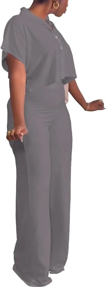 HBQ Women's Summer 2 Piece Outfits Casual Tracksuit Short Sleeve Button Down Crop Top Wide Leg Long Pant Lounge Sets