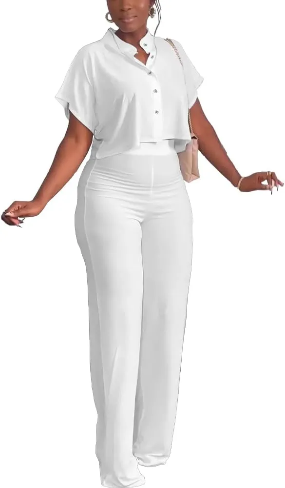 HBQ Women's Summer 2 Piece Outfits Casual Tracksuit Short Sleeve Button Down Crop Top Wide Leg Long Pant Lounge Sets