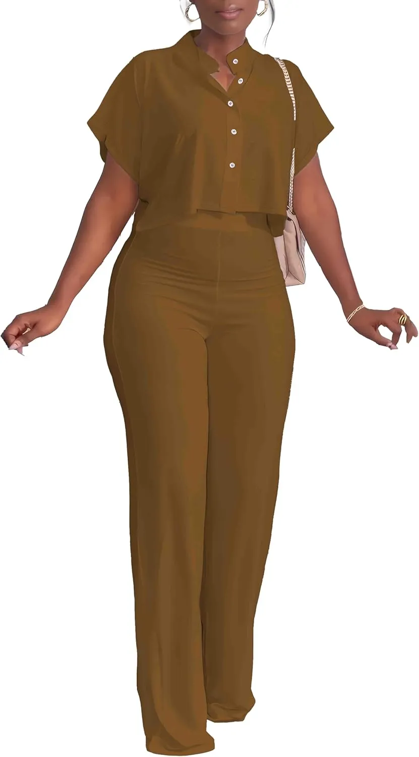 HBQ Women's Summer 2 Piece Outfits Casual Tracksuit Short Sleeve Button Down Crop Top Wide Leg Long Pant Lounge Sets