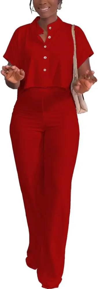 HBQ Women's Summer 2 Piece Outfits Casual Tracksuit Short Sleeve Button Down Crop Top Wide Leg Long Pant Lounge Sets
