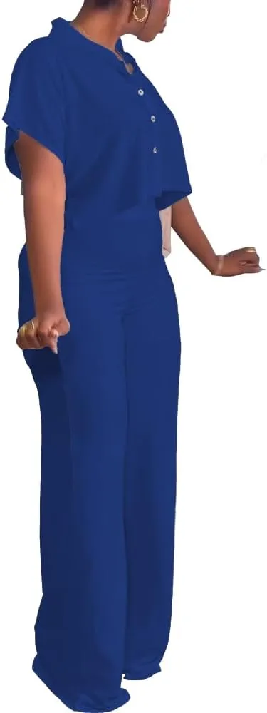 HBQ Women's Summer 2 Piece Outfits Casual Tracksuit Short Sleeve Button Down Crop Top Wide Leg Long Pant Lounge Sets