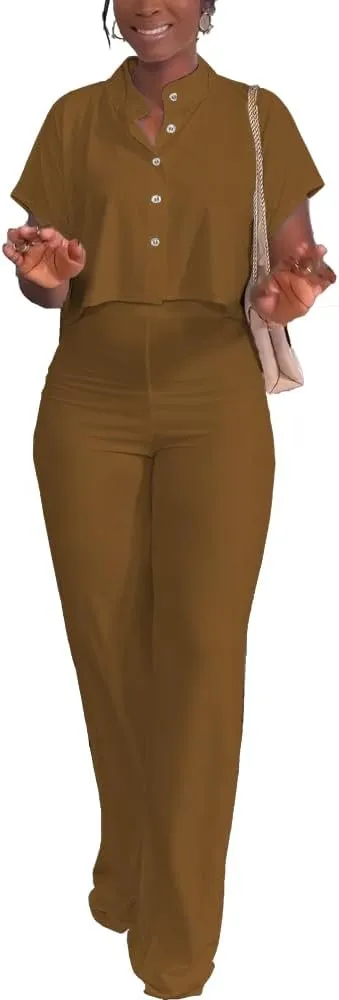 HBQ Women's Summer 2 Piece Outfits Casual Tracksuit Short Sleeve Button Down Crop Top Wide Leg Long Pant Lounge Sets