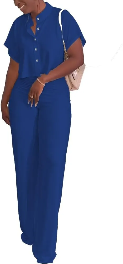 HBQ Women's Summer 2 Piece Outfits Casual Tracksuit Short Sleeve Button Down Crop Top Wide Leg Long Pant Lounge Sets