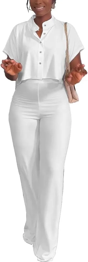 HBQ Women's Summer 2 Piece Outfits Casual Tracksuit Short Sleeve Button Down Crop Top Wide Leg Long Pant Lounge Sets