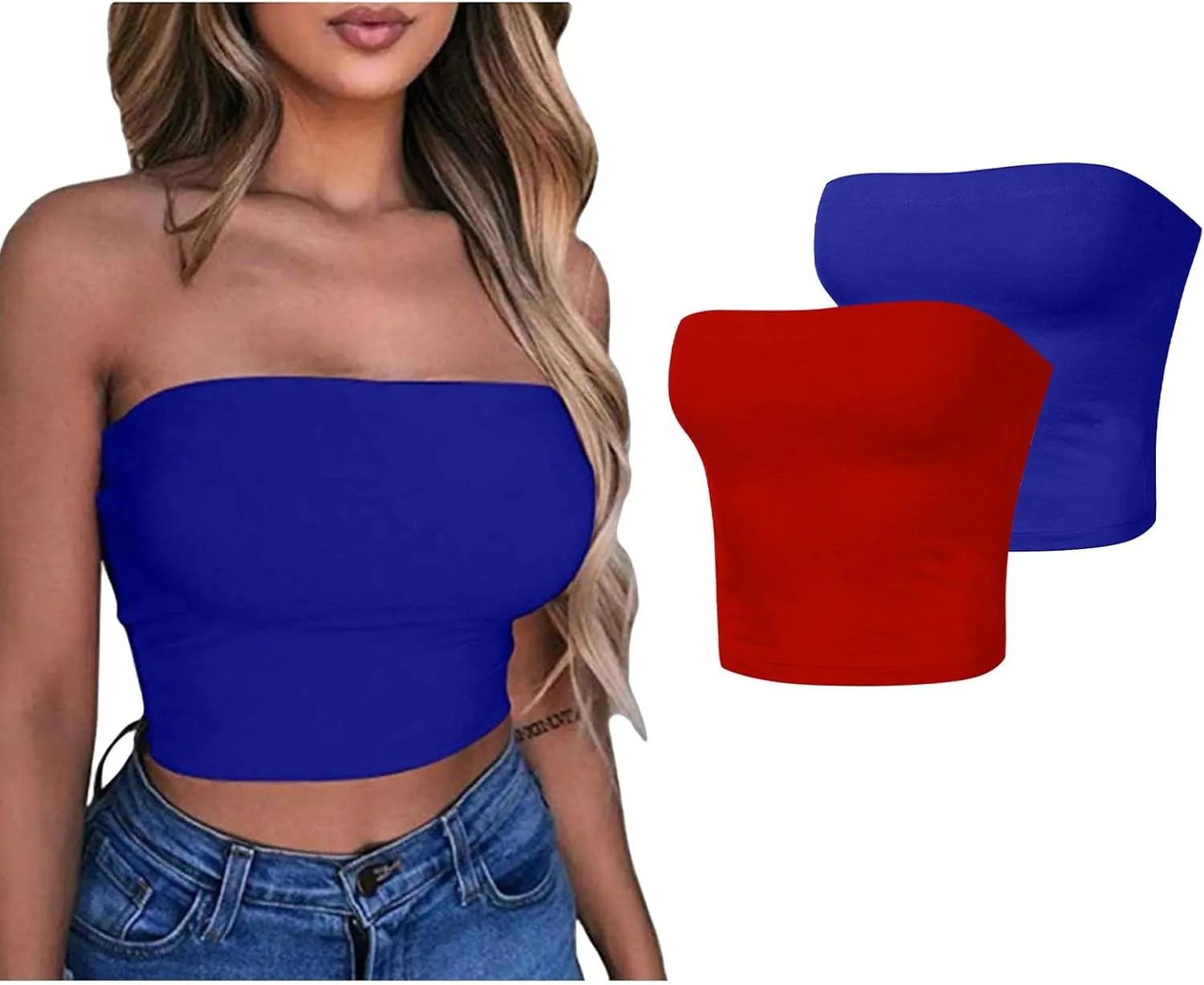 HGps8w 2 Pack Women's Tube Crop Tops Strapless Cute Basic Solid Sleeveless Stretchy Seamless Bandeau Shirts